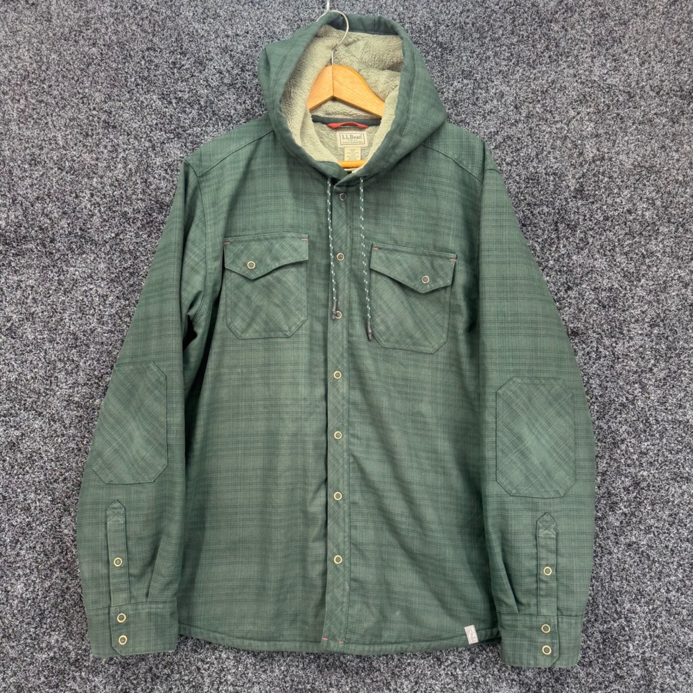 LL Bean Mens Green PrimaLoft Insulated Fleece Lined Hooded Shirt Jacket L-REG